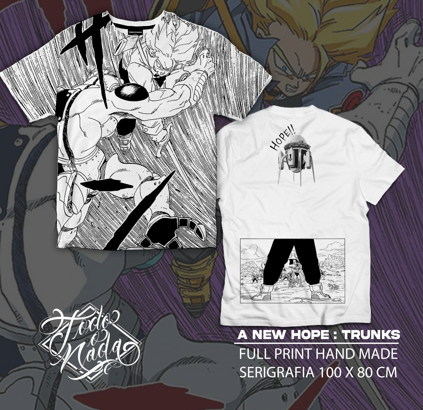 DRAGON BALL Z / A NEW HOPE : TRUNKS FULL PRINT HAND MADE polera BLANCA