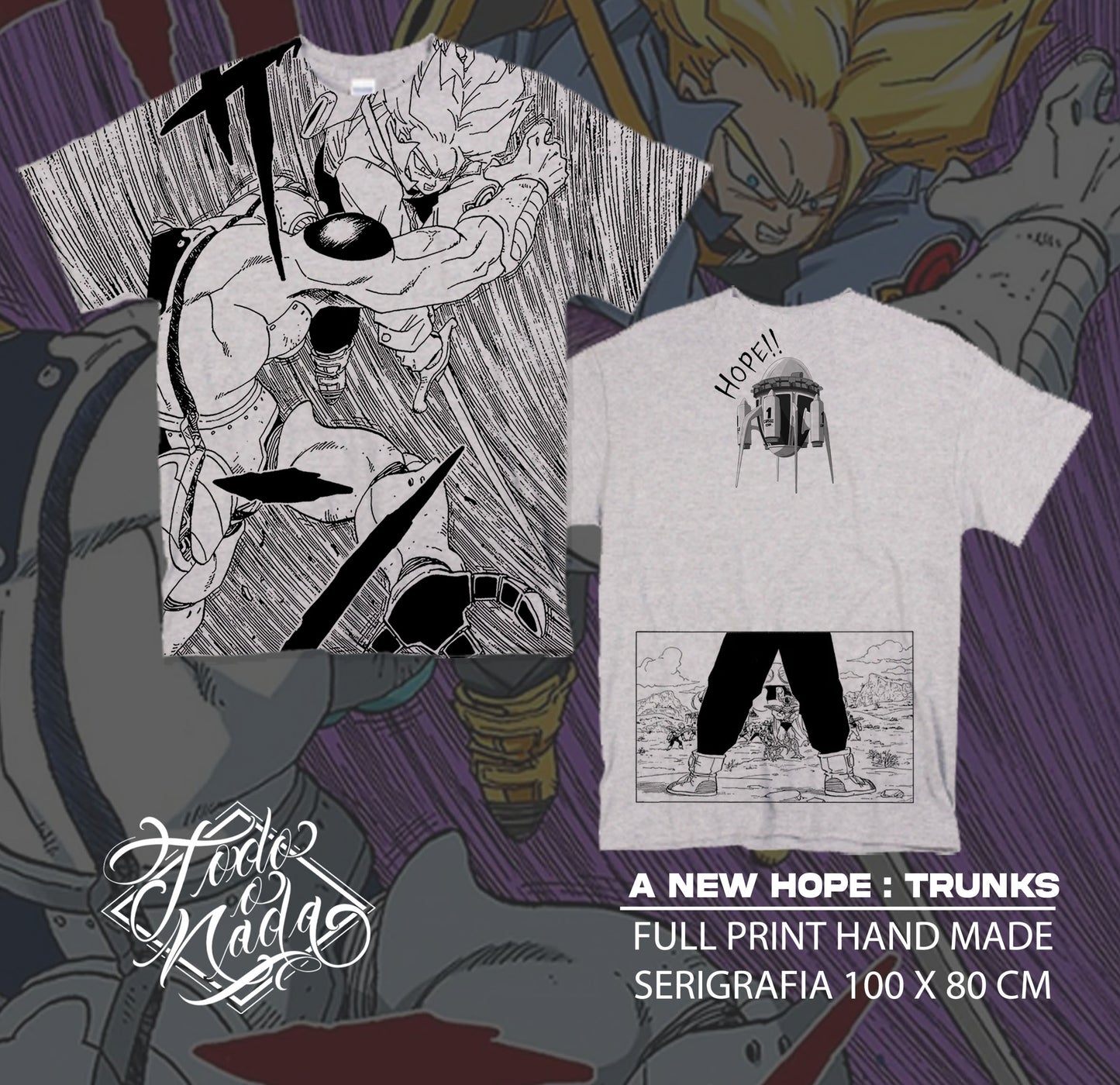 DRAGON BALL Z / A NEW HOPE : TRUNKS FULL PRINT HAND MADE polera GRIS