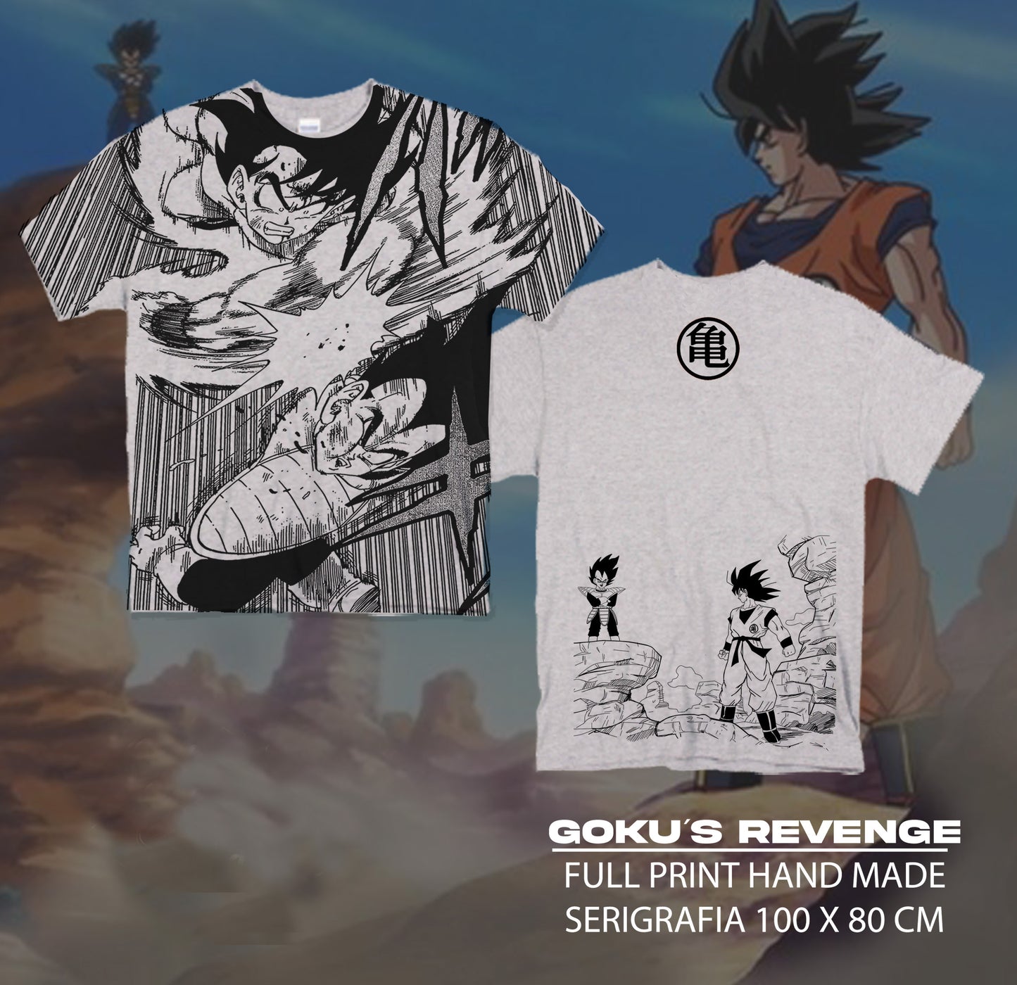 DRAGON BALL Z  / GOKU´S REVENGE FULL PRINT polera GRIS