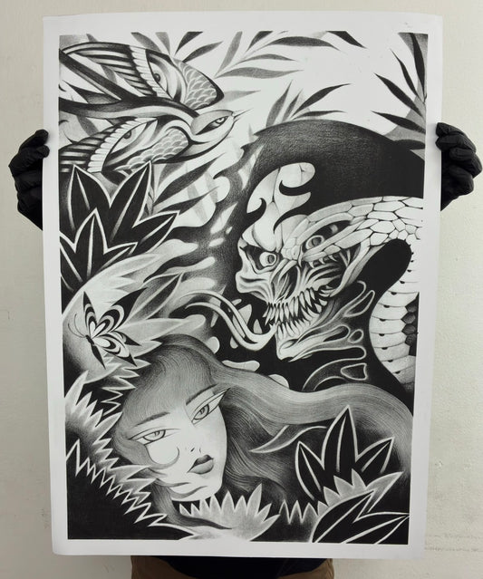 ENTRE EL AMOR Y LA MUERTE serigrafia colab by POSTMORTEM / simulacion de grises