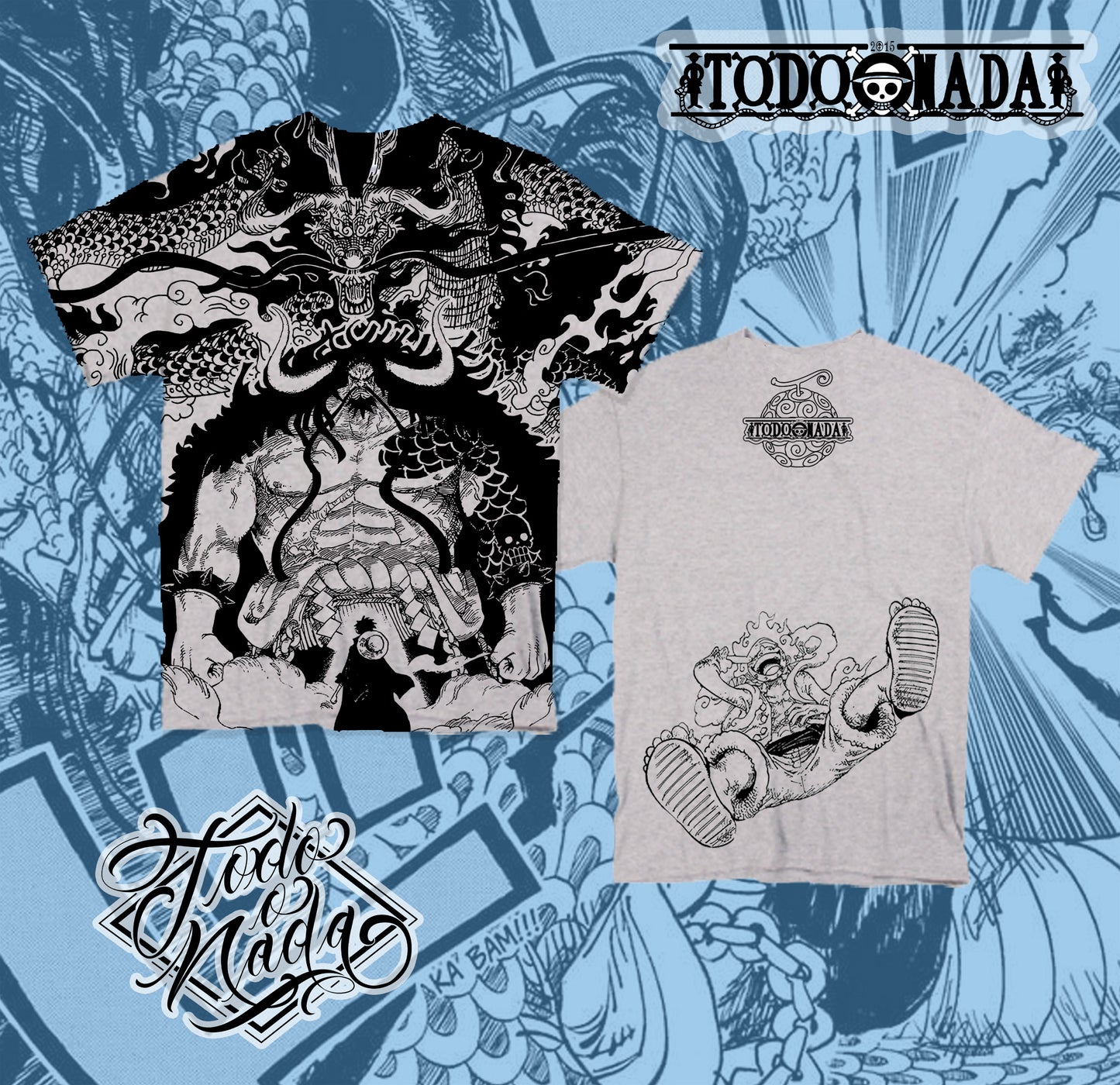 ONE PIECE / LUFFY VS KAIDO  FULL PRINT / polera GRIS