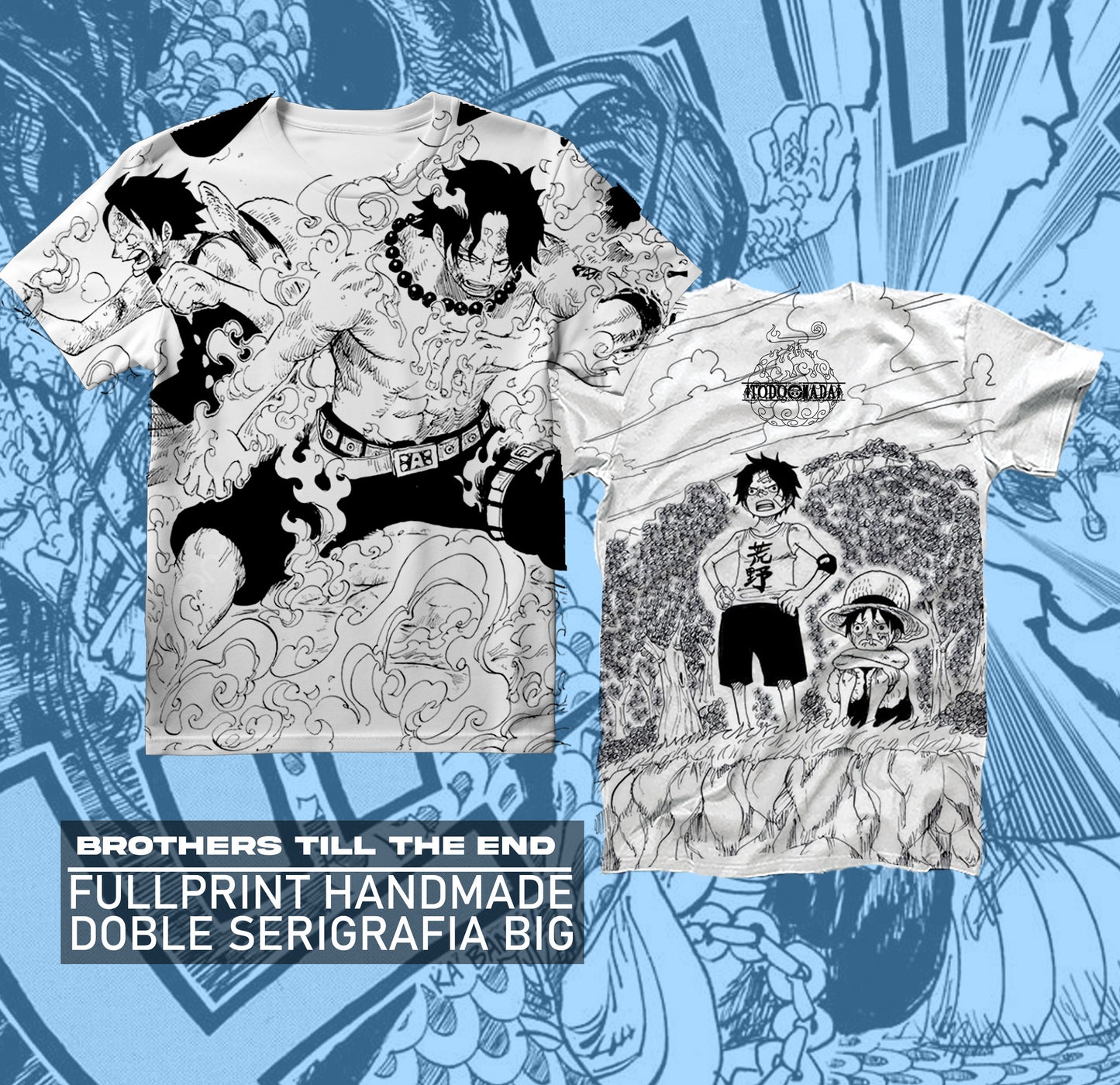 ONE PIECE / BROTHERS TILL THE END  DOBLE FULL PRINT polera GRIS